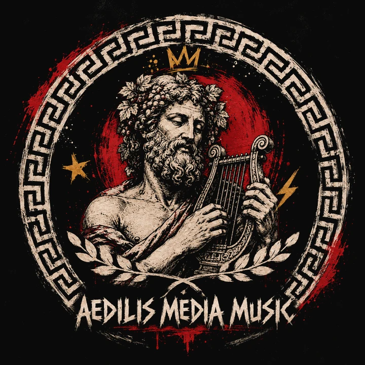 Aedilis Media Music logosu: lir çalan, asma yapraklı taçlı tanrı figürü