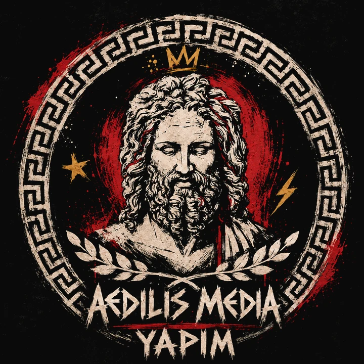 Aedilis Media Yapım logosu: taçlı Zeus büstü, meander çerçeve ve defne dalı