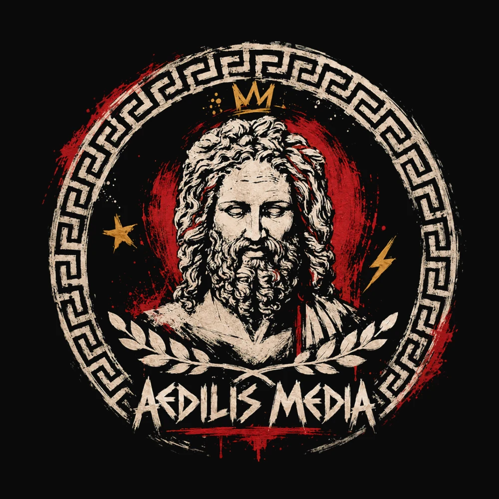 Aedilis Media logosu: taçlı Zeus büstü, meander çerçeve ve defne dalı